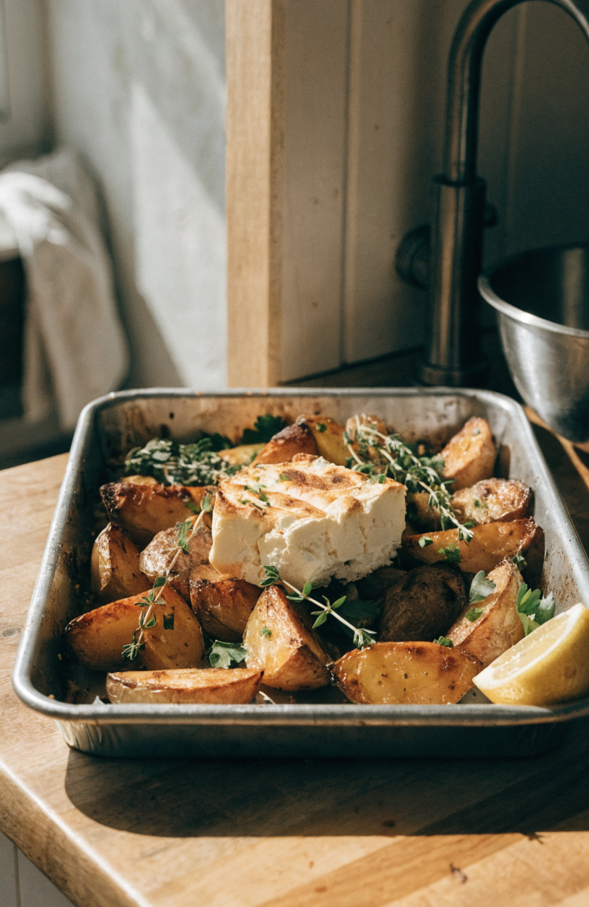 Sheet pan of baked feta roast potatoes with lemon, thyme, and a soft broken feta center showing the creamy cheese