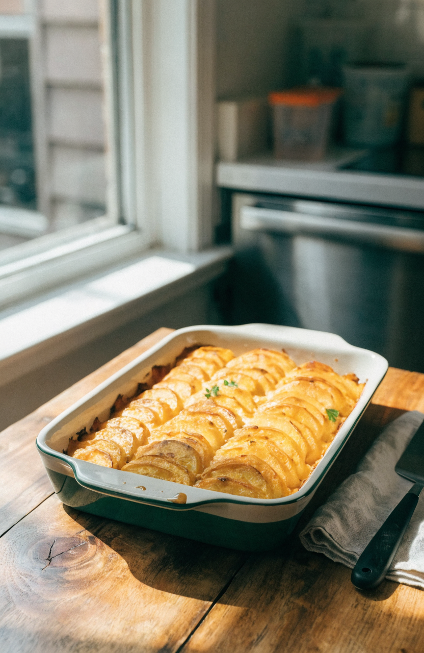 Chipotle gouda scalloped sweet potatoes in a ceramic baking dish with a golden top and parsley garnish