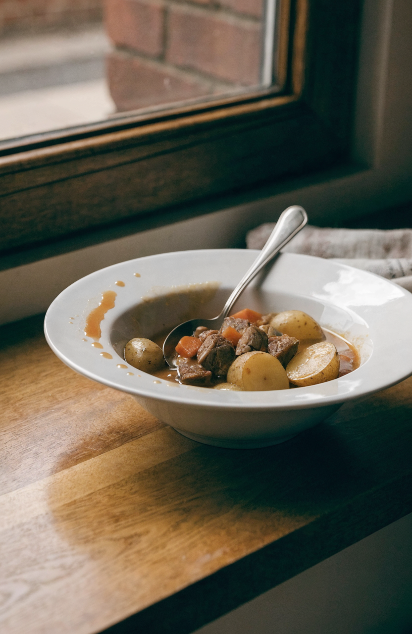 Bowl of crock pot beef stew with carrots and potatoes in a glossy broth
