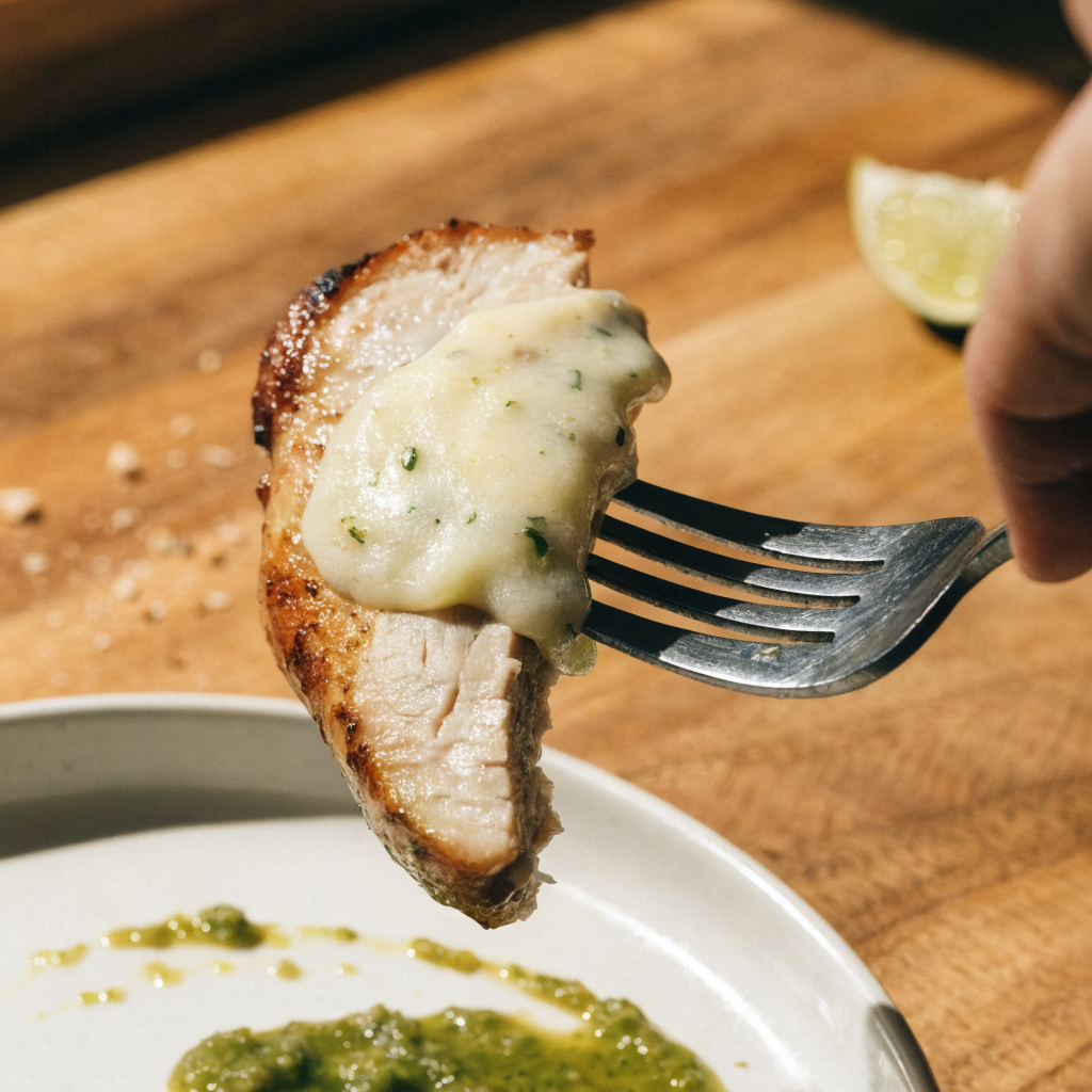 Close-up of grilled salsa verde pepper jack chicken