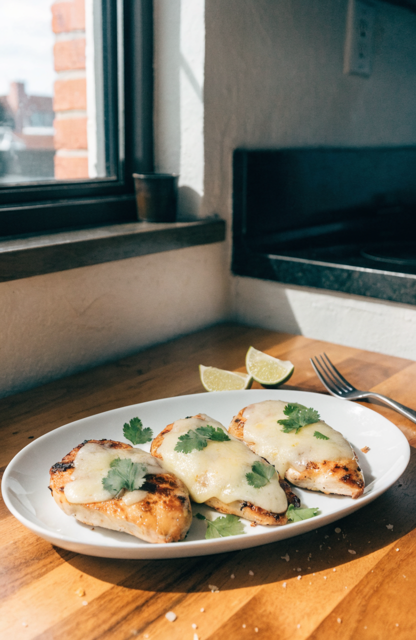 Grilled salsa verde pepper jack chicken on a white platter garnished with cilantro and lime wedges