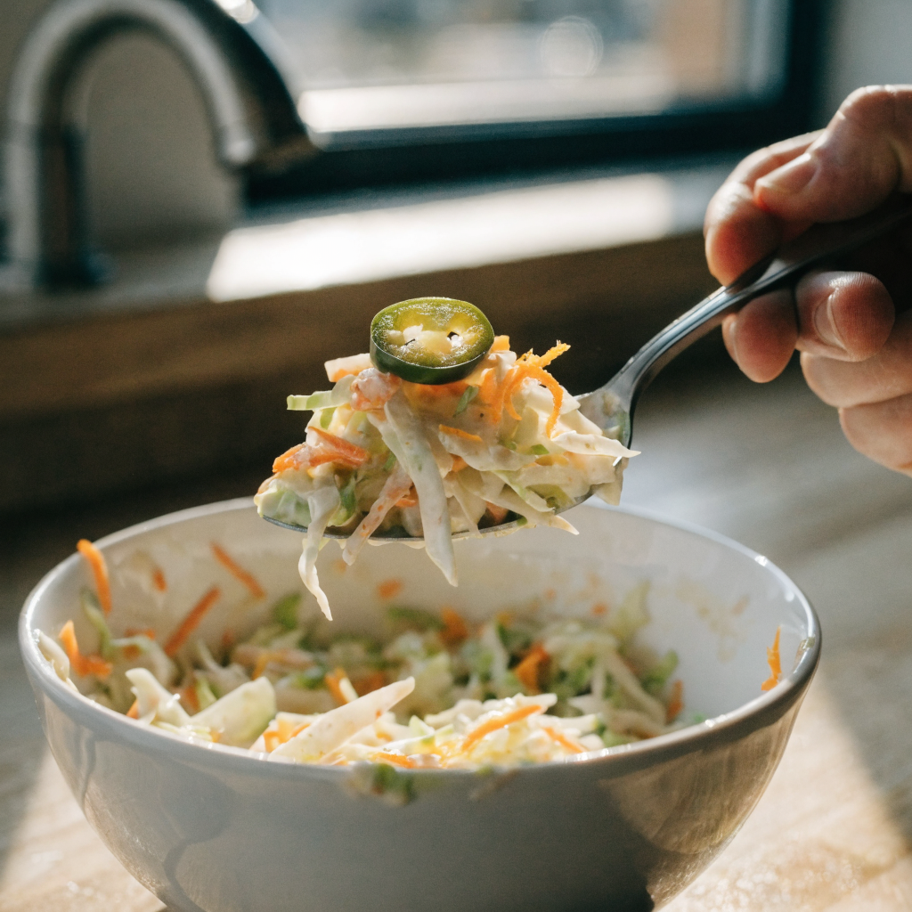Close-up of spicy citrus coleslaw