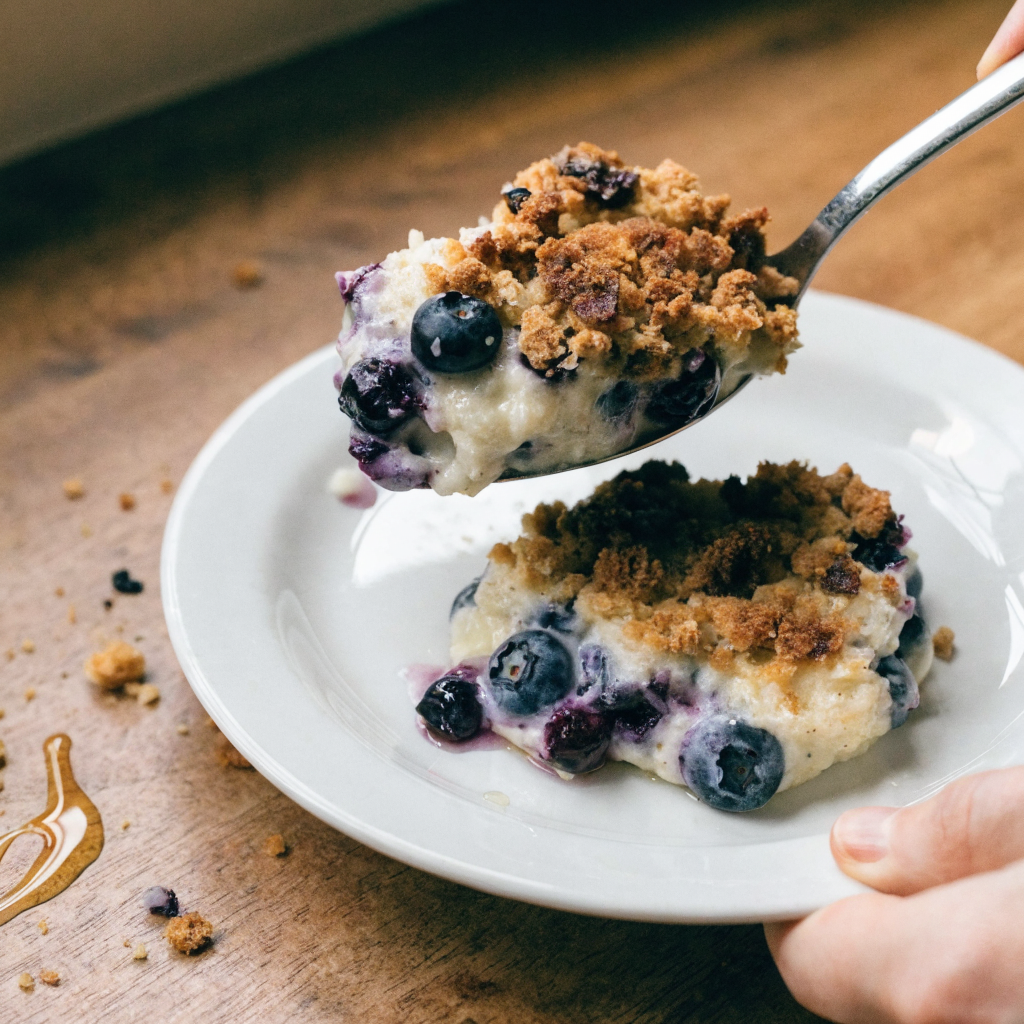 Close-up of blueberry french toast casserole with streusel topping