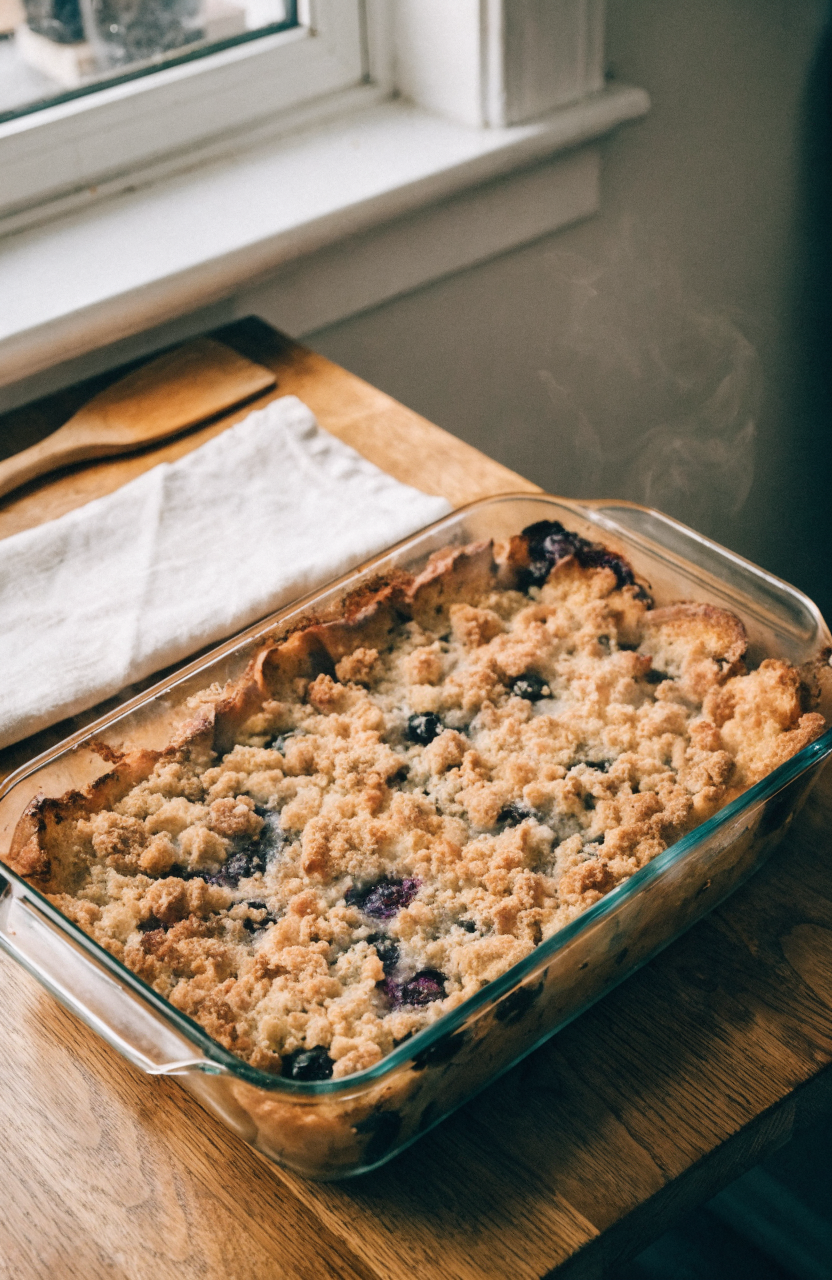 Blueberry french toast casserole in a 9x13 baking dish topped with streusel and fresh blueberries
