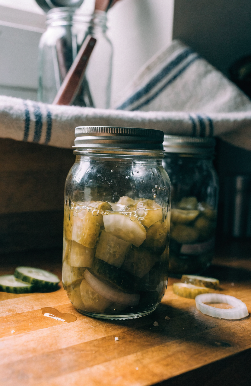 Jar of bread and butter pickles in a mason jar on a wooden counter with dill and onion