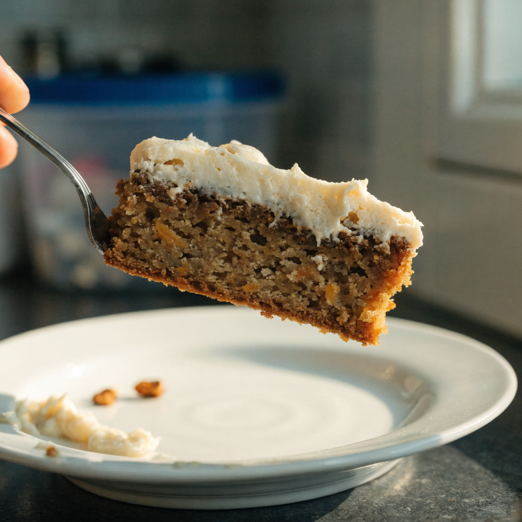 Close-up of carrot cake bars with cream cheese frosting