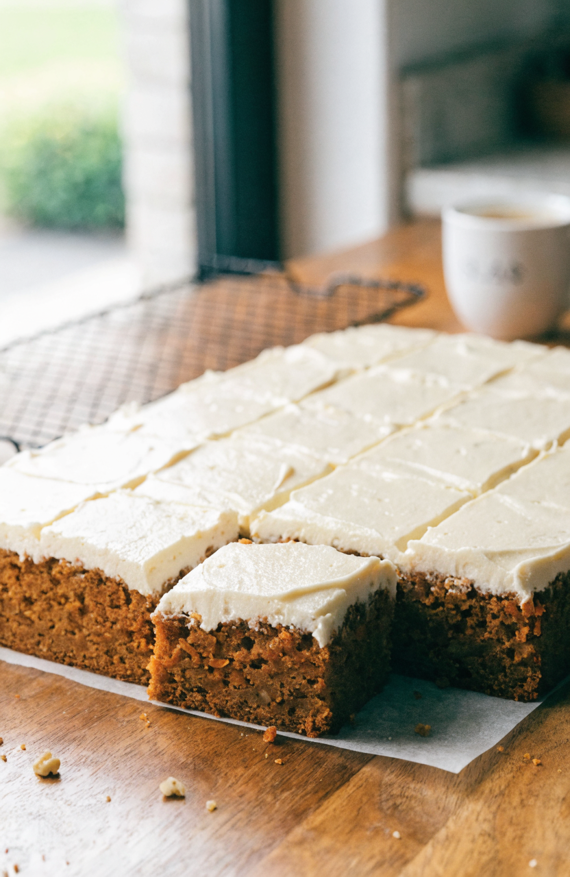 Carrot cake bars on a white plate with cream cheese frosting and chopped nuts