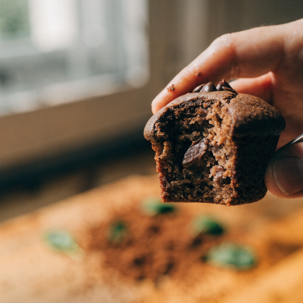 Close-up of chocolate spinach muffins — moist muffins with hidden greens