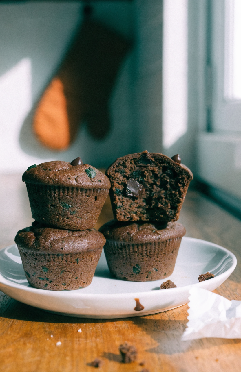 Chocolate spinach muffins on a white plate with a torn paper liner, chocolate chips visible