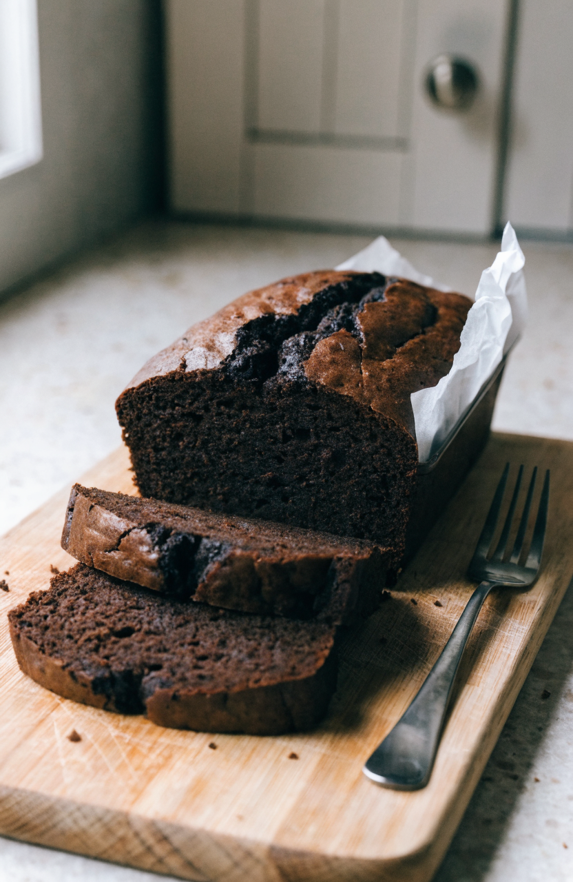Slice of chocolate zucchini bread on a wooden board with a fork, showing fudgy crumb centered on a white plate
