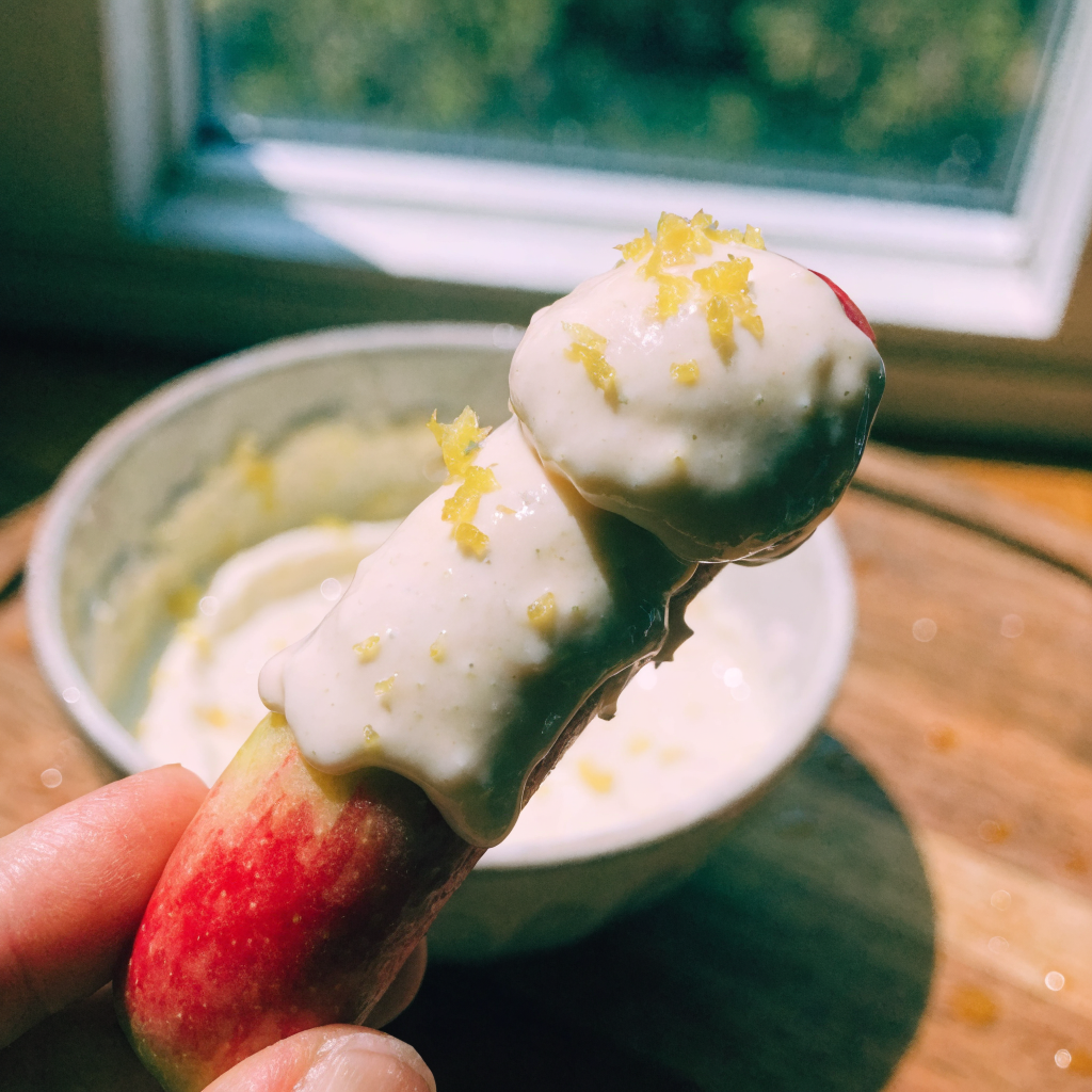 Close-up of colorful fruit fries with refreshing lemon dip