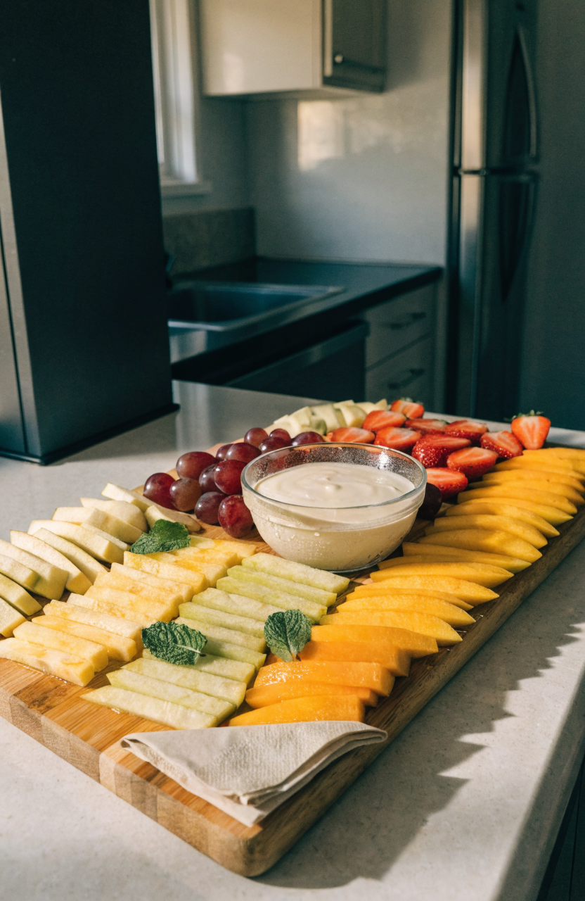 Colorful fruit fries arranged on a wooden board with a bowl of lemon-yogurt dip and mint, batons visible.