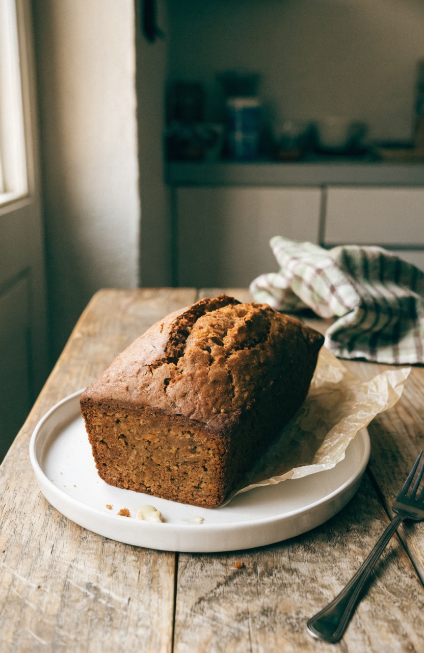 Slice of dairy free carrot banana bread on a white plate with crumbs
