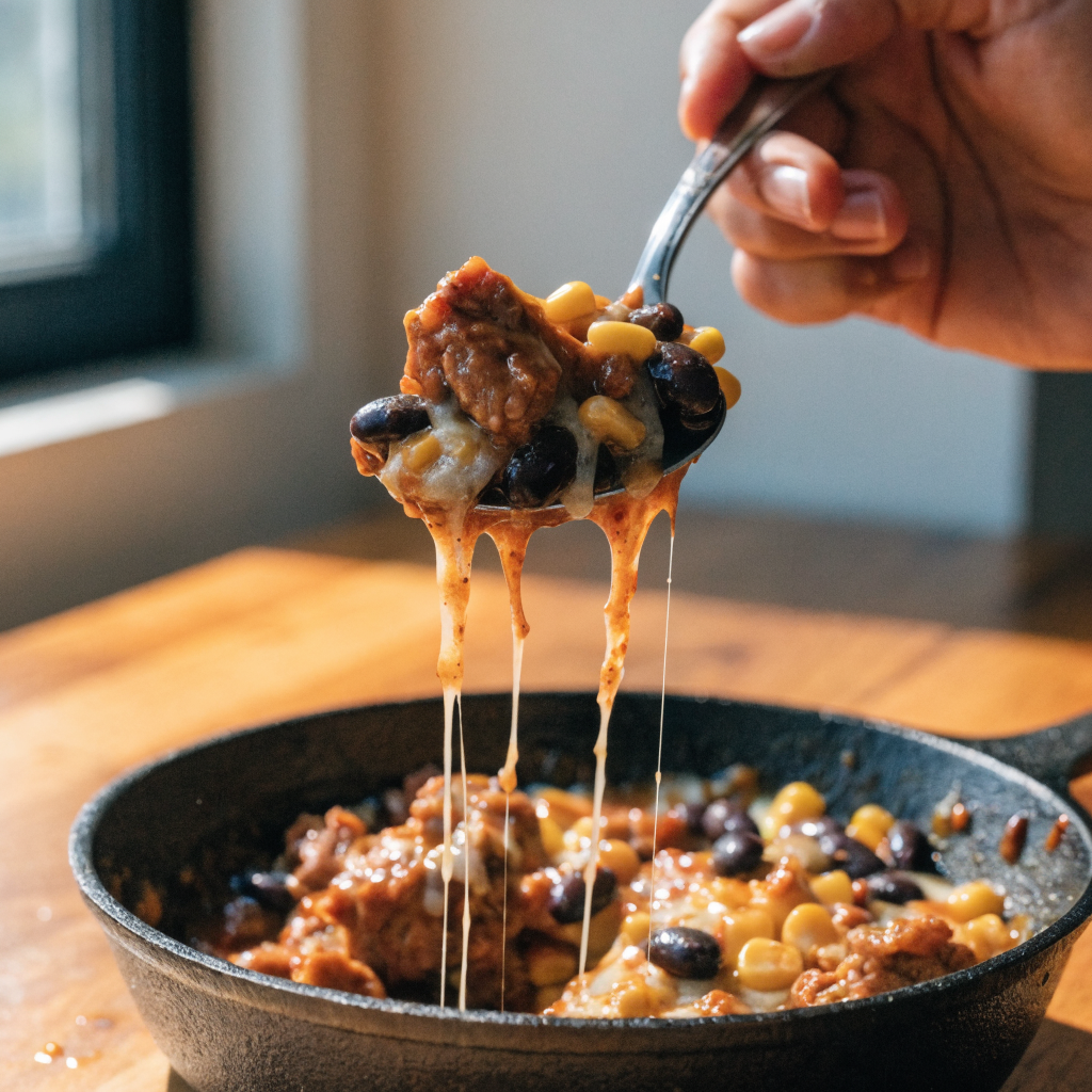 Close-up of healthy enchilada skillet with turkey, black beans, and veggies