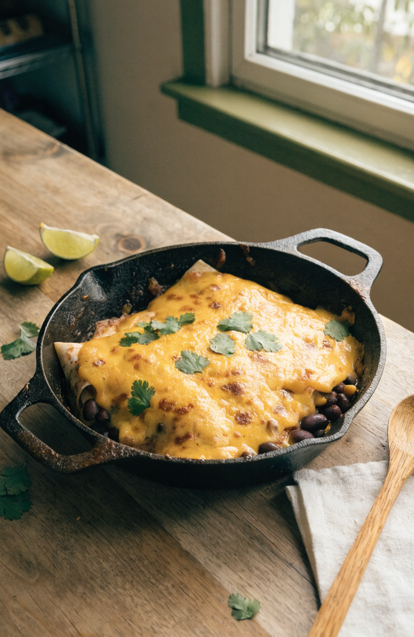 enchilada skillet served in a 12-inch cast-iron pan with melted cheese and cilantro