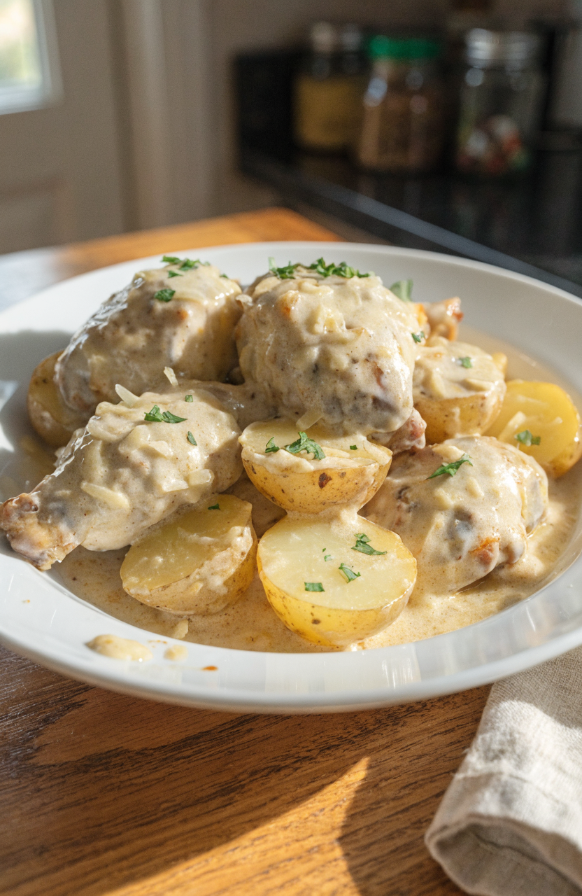 Garlic parmesan crockpot chicken served on a white dinner plate with halved potatoes and parsley