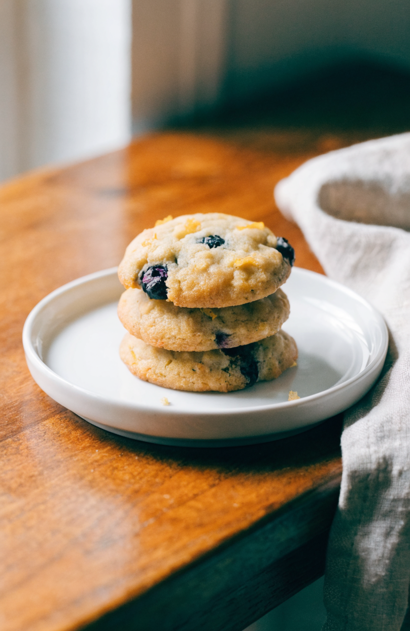 A stack of lemon blueberry cookies on a white plate with visible lemon zest and blueberries