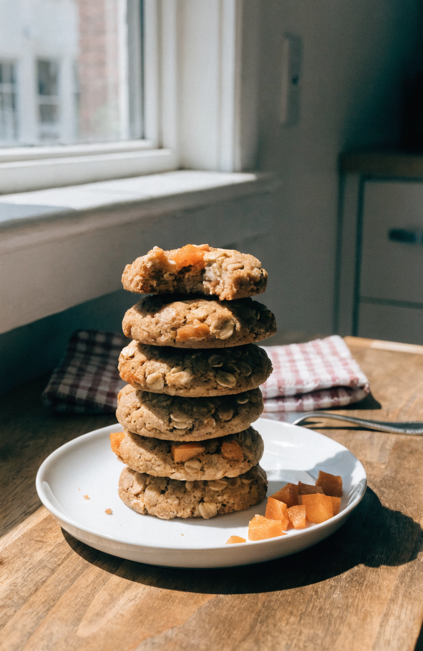 Stack of peach oatmeal breakfast cookies on a white plate with a fork and diced peaches beside them showing the soft interior