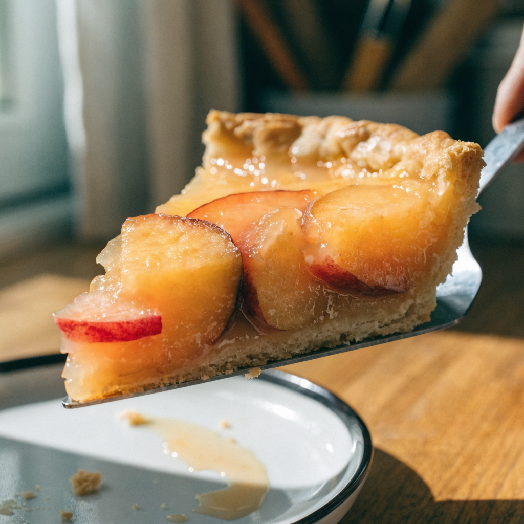 Close-up of homestyle peach pie with crisp bottom crust