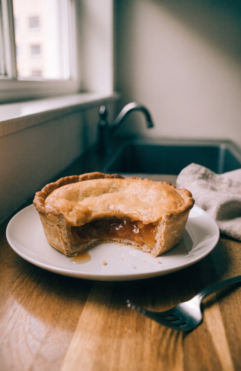 A golden peach pie on a white plate with a slice removed showing the glossy filling