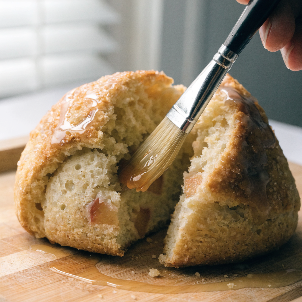 Close-up of buttery peach scones with honey-vanilla glaze