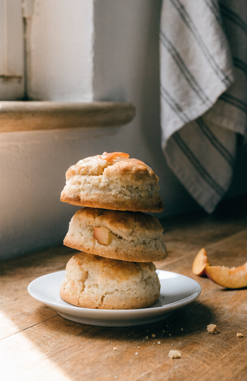 Warm peach scones on a white plate with a honey-vanilla glaze and sliced peach garnish