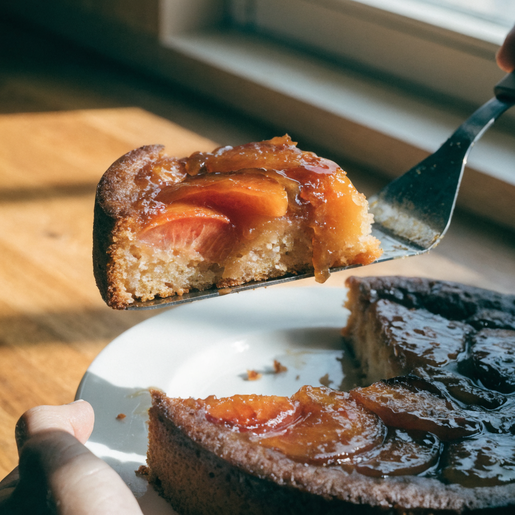 Close-up of peach upside-down cake
