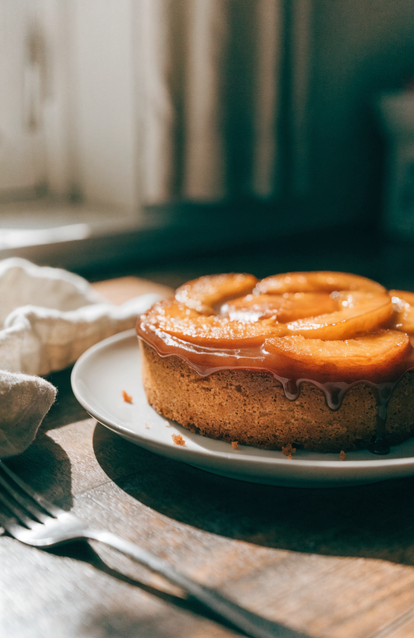 Peach upside-down cake on a white plate with glossy caramel and sliced peaches