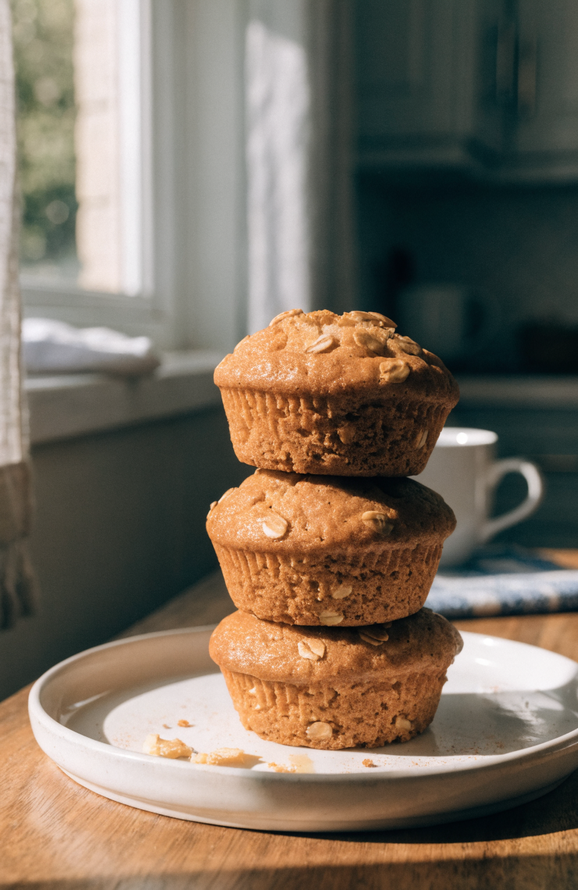 A stack of pumpkin muffins on a white plate garnished with cinnamon, fresh from the oven