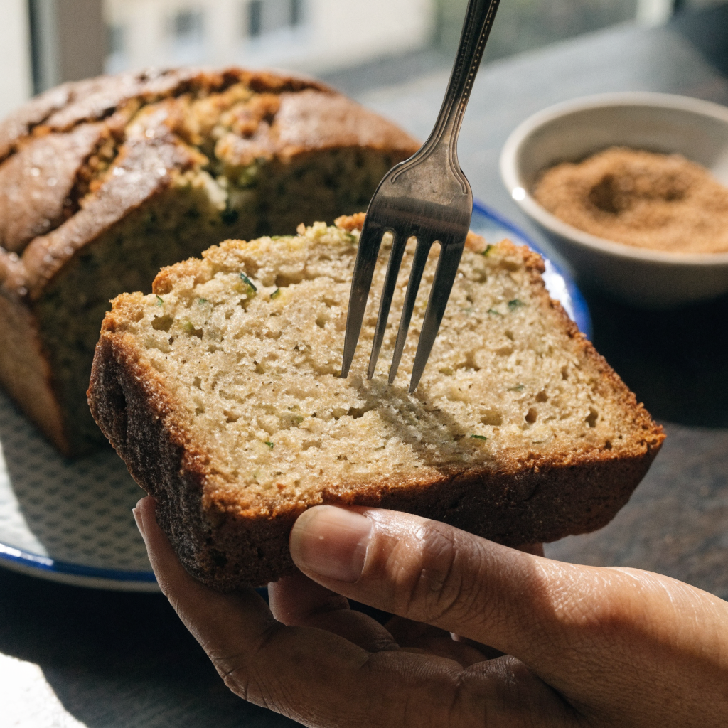 Close-up of snickerdoodle zucchini bread with cream of tartar and coconut oil