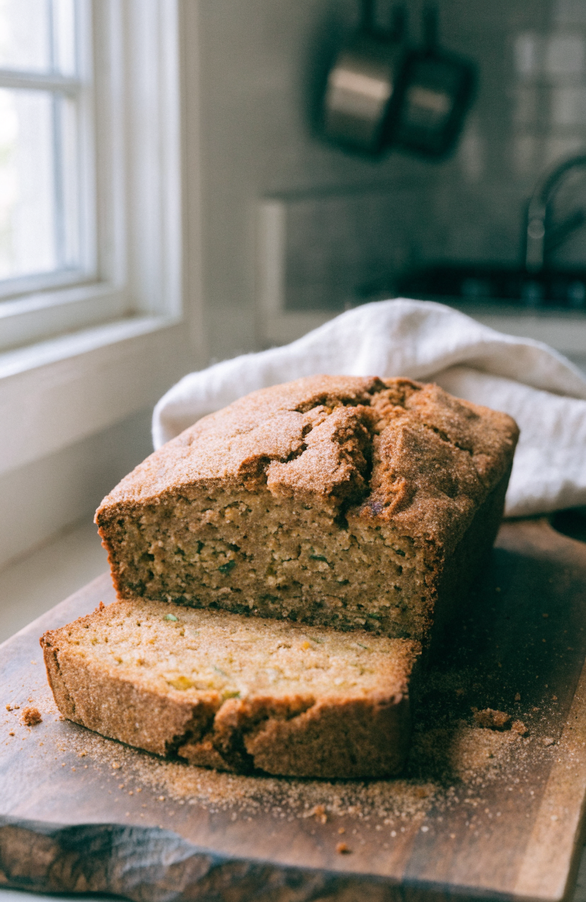 Slice of snickerdoodle zucchini bread on a white plate with cinnamon sugar crust and visible zucchini flecks