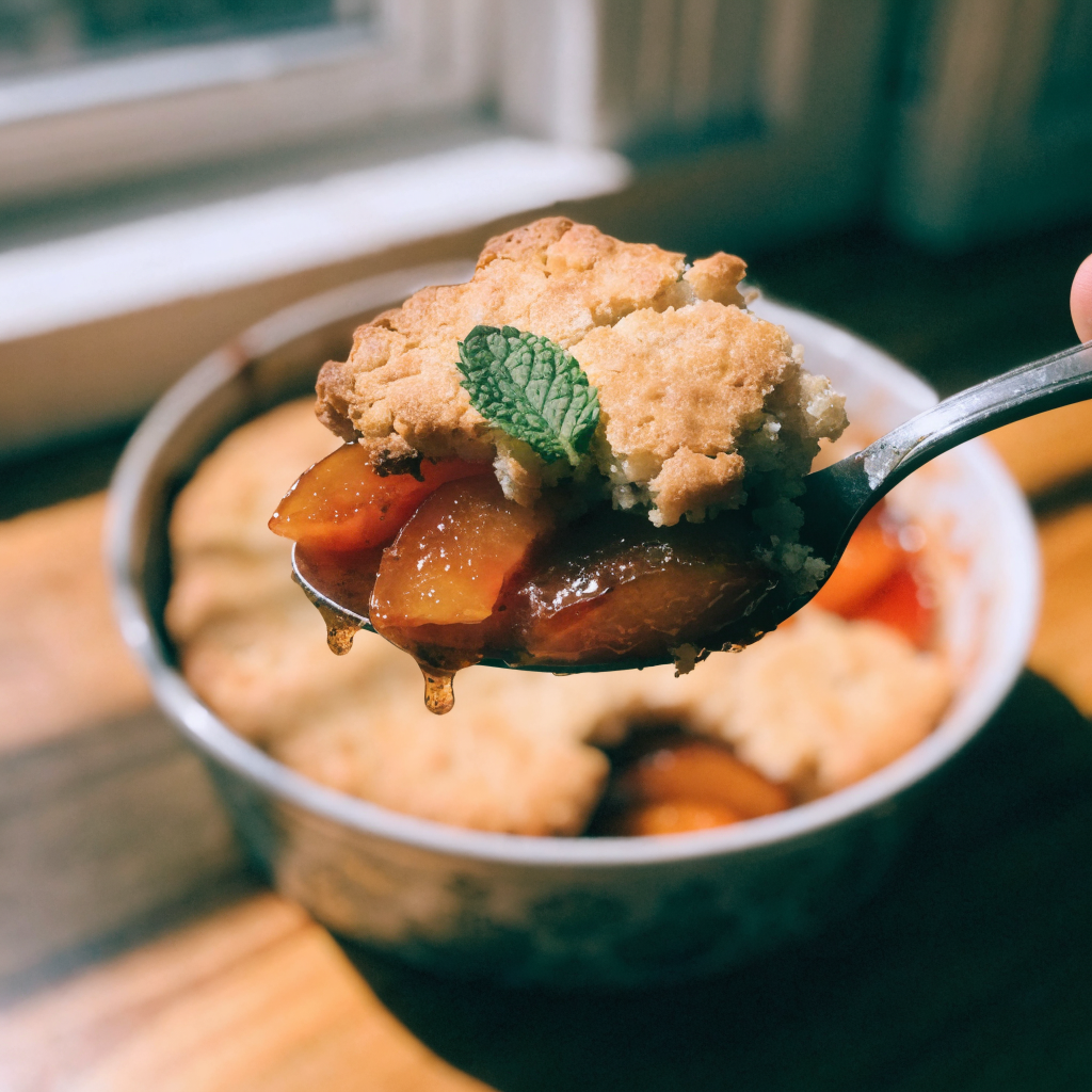 Close-up of old-fashioned southern peach cobbler