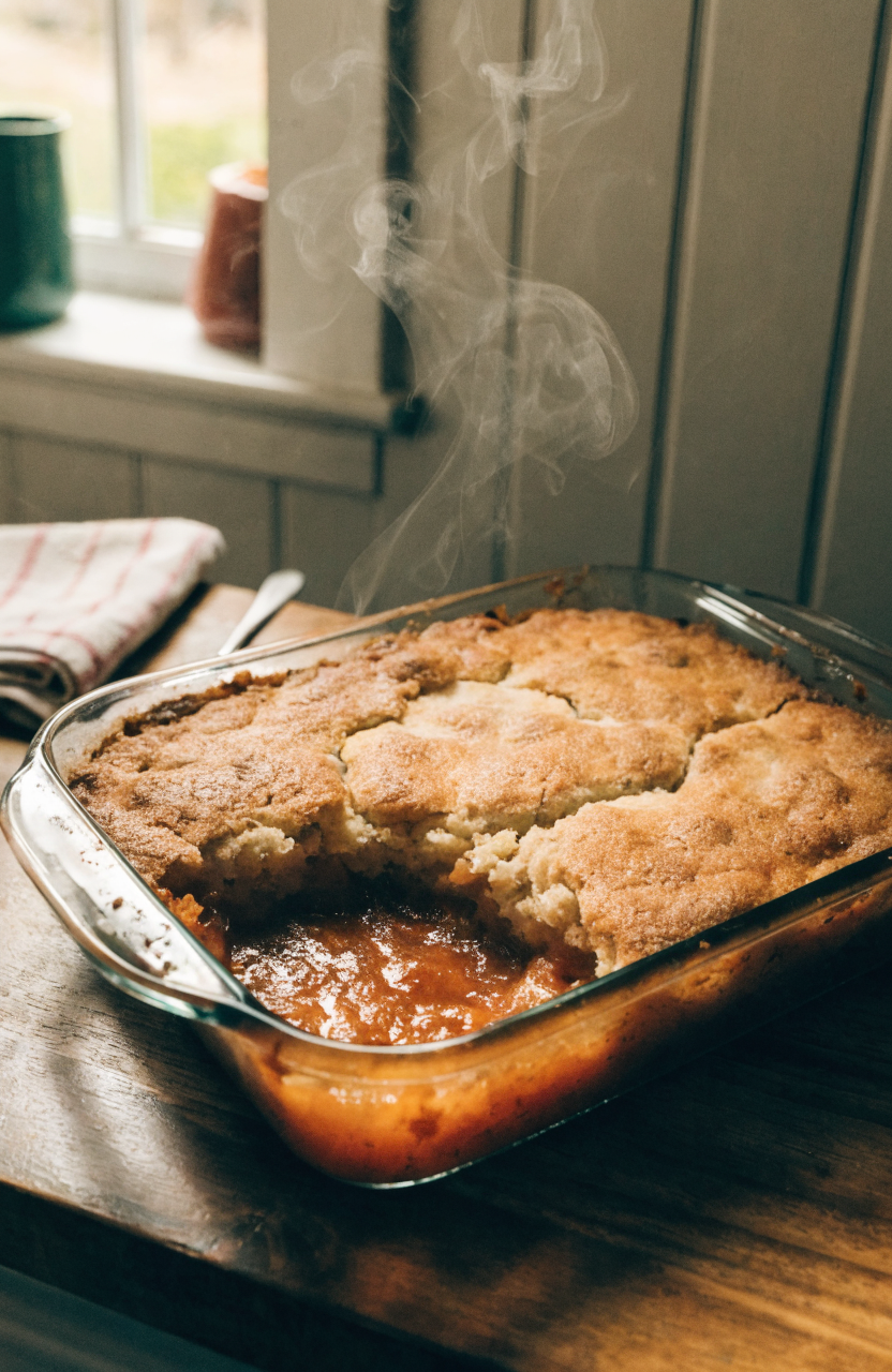A pan of Southern peach cobbler with golden biscuit topping and bubbling spiced peach filling