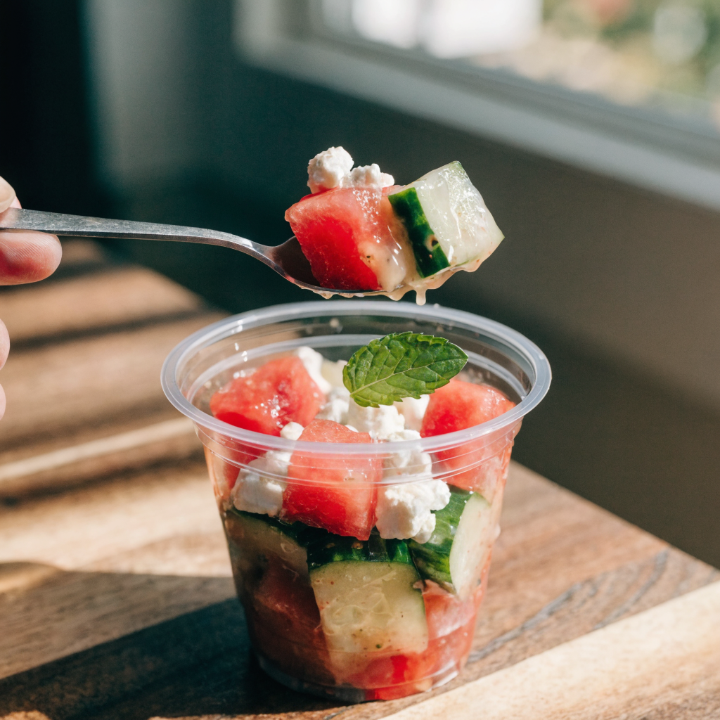 Close-up of watermelon, cucumber & feta salad cups