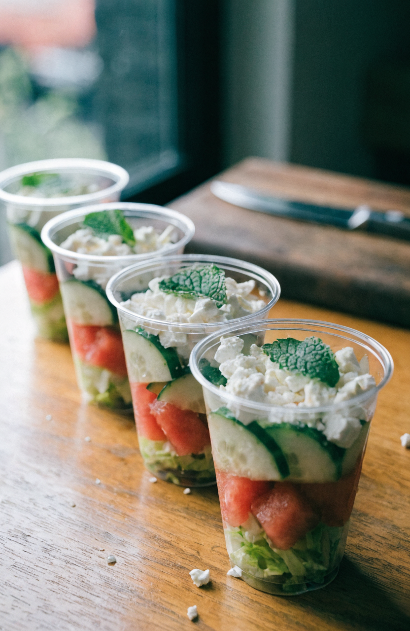 Watermelon cucumber feta salad cups arranged in clear 4-ounce cups with mint garnish and crumbled feta