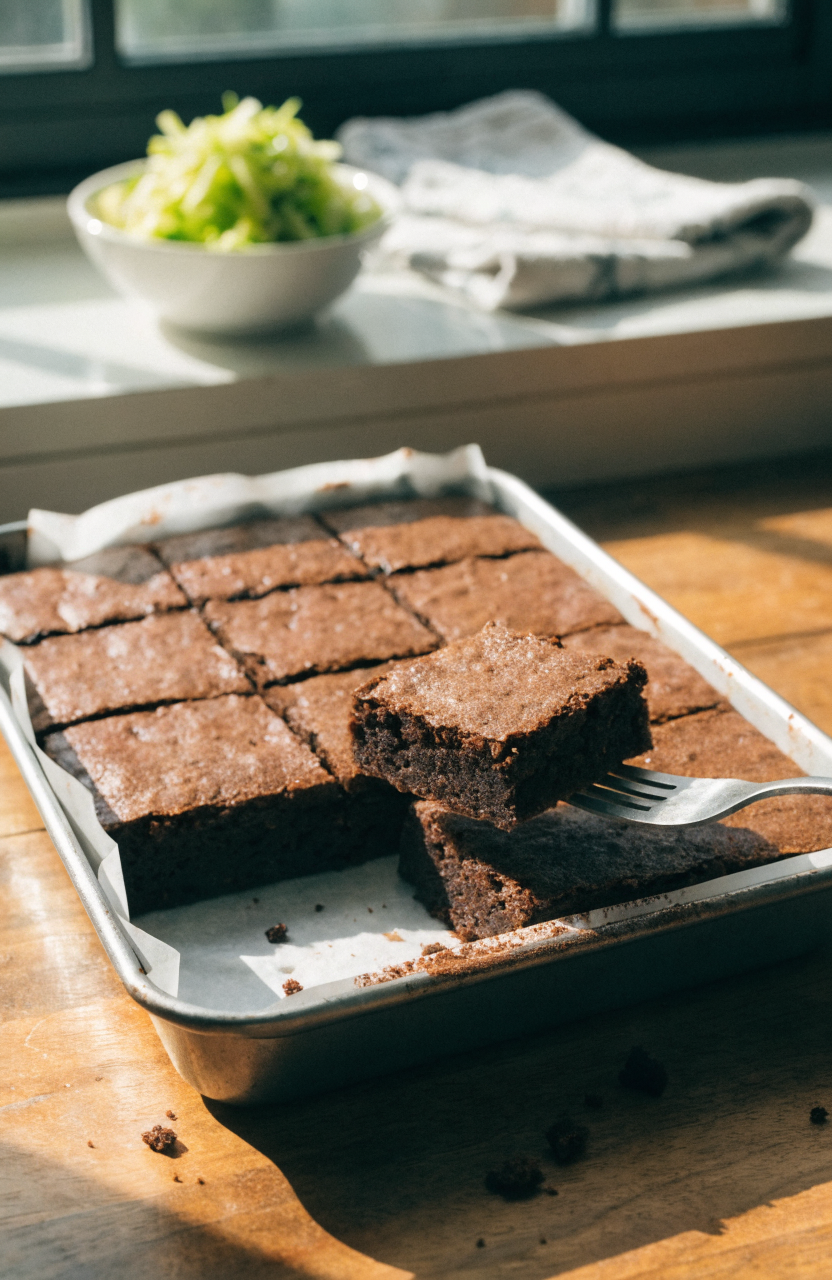 A square of fudgy zucchini brownies on a white plate with a fork, glossy top and crumb
